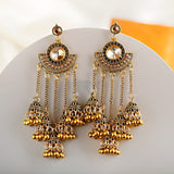Gold Indian Long Hanging Jhumka Round Earrings Pair