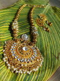 Gold Indian Mastani Large Round Pearl Crystal Necklace Earrings Set