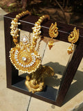 Gold Indian Mastani Large Round Pearl Crystal Necklace Earrings Set