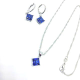 925 Sterling Silver Dark Blue  Austrian Crystals Princess Cut Necklace Earrings Set