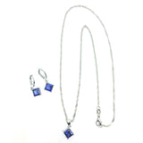 925 Sterling Silver Dark Blue  Austrian Crystals Princess Cut Necklace Earrings Set