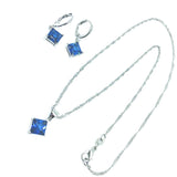 925 Sterling Silver Dark Blue  Austrian Crystals Princess Cut Necklace Earrings Set